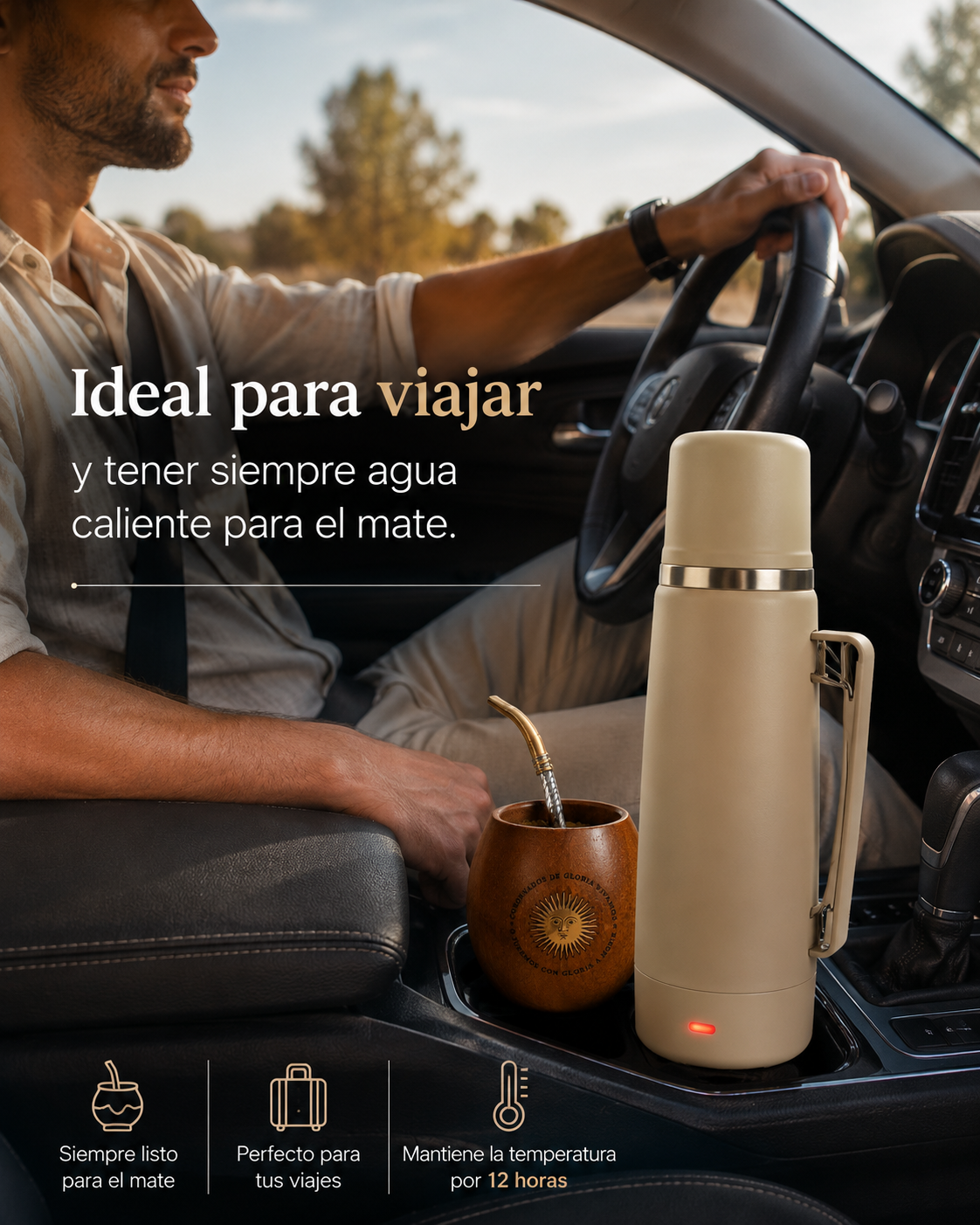 Termo eléctrico en el auto — ideal para viajar con mate siempre caliente