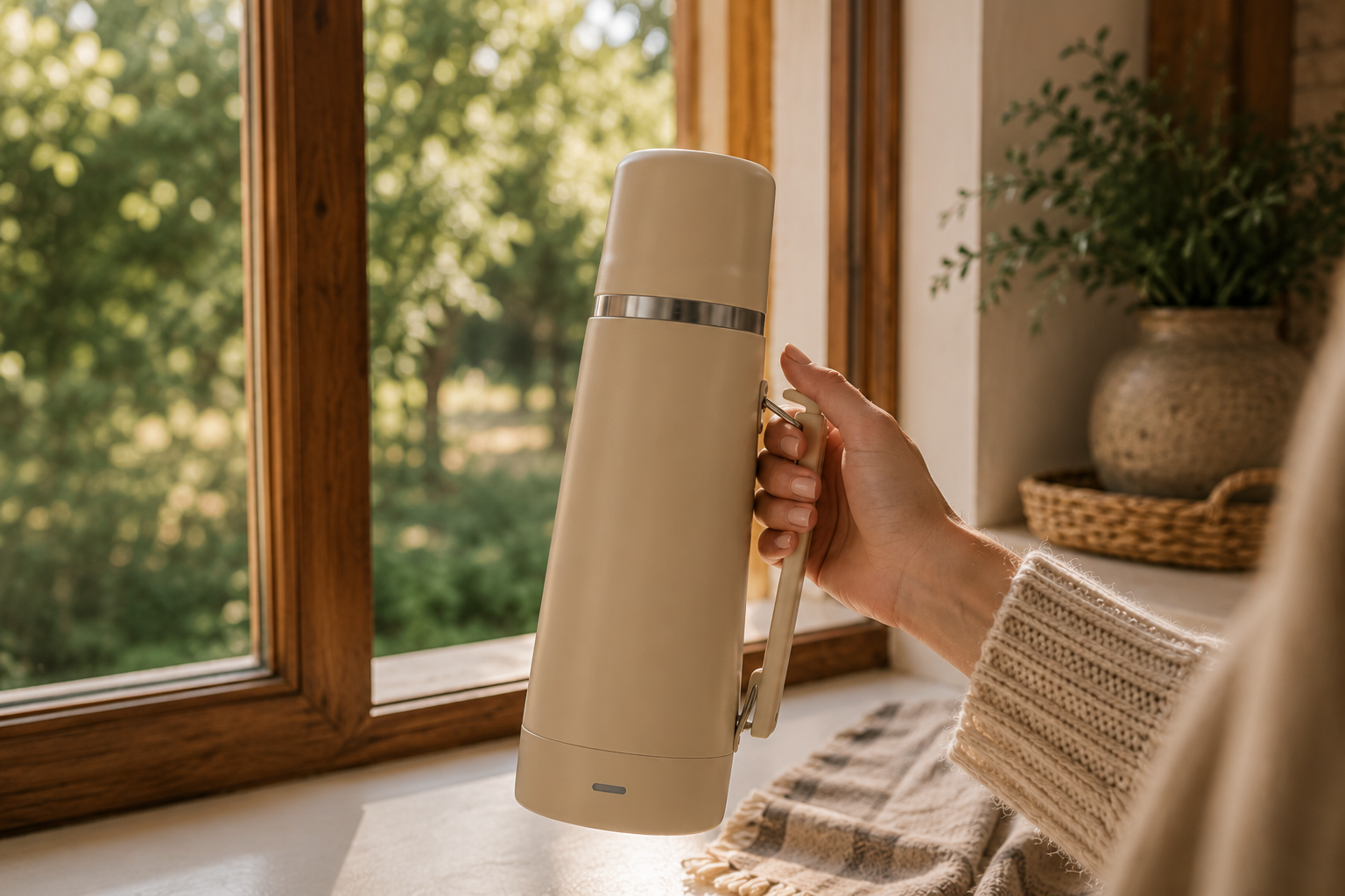 Termo eléctrico sostenido en la mano junto a la ventana