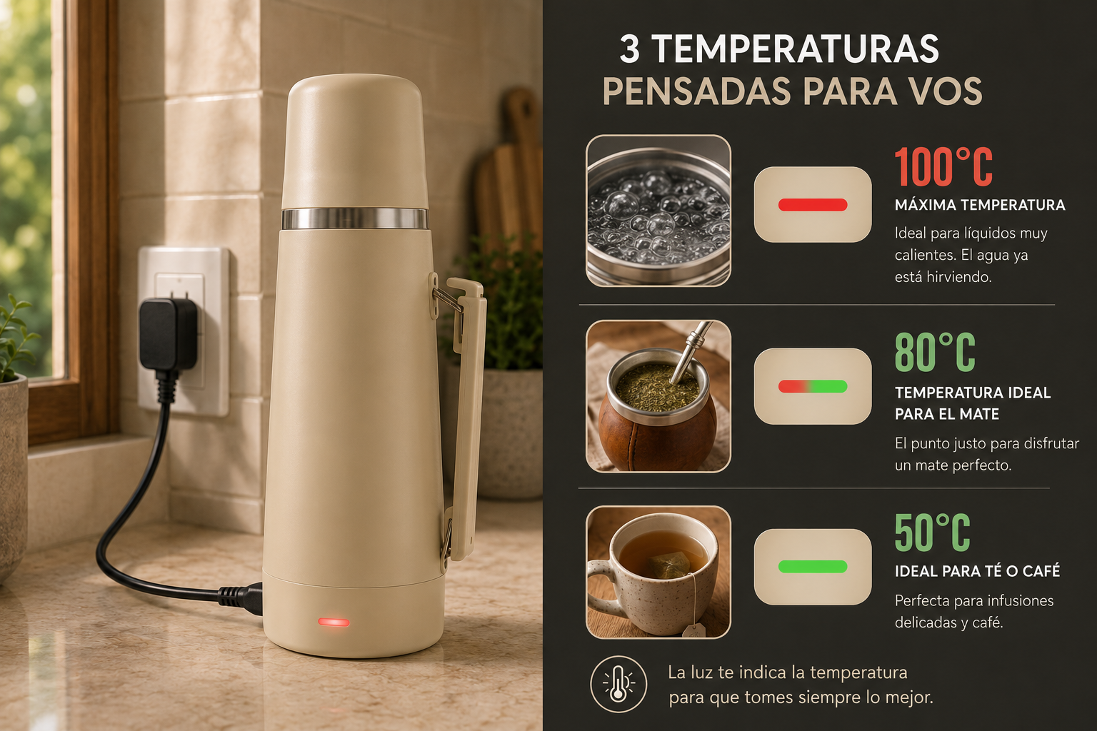 3 temperaturas: 100°C máxima, 80°C mate, 50°C té o café